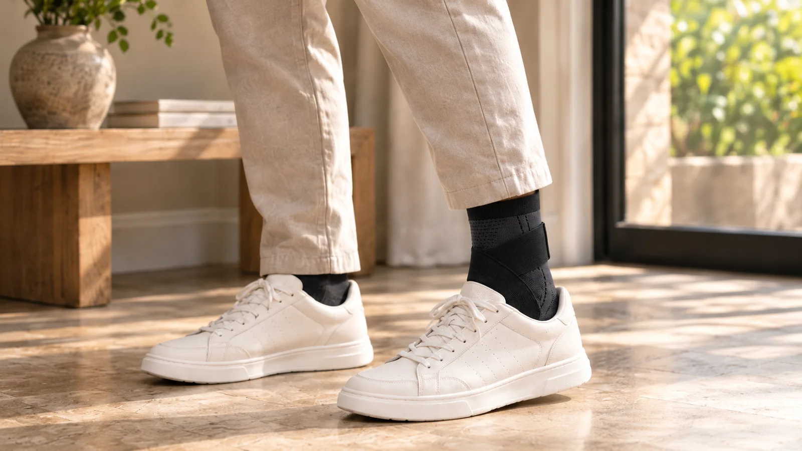 Person in beige trousers and white leather sneakers wearing a black KnitPair ankle sleeve with closed heel and adjustable wrap strap in a sunlit home entryway.