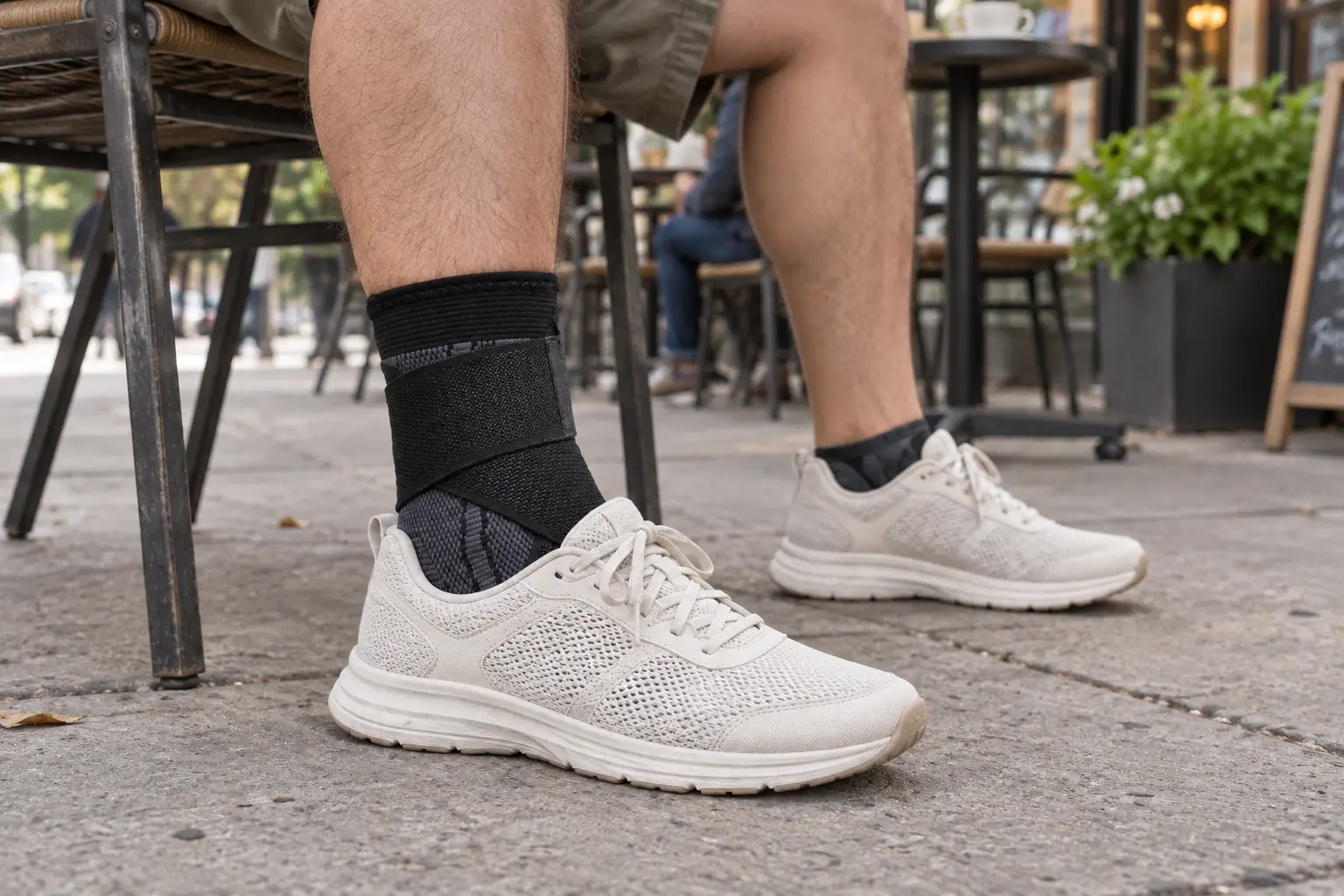 Person wearing a black KnitPair sleeve with white shoes while seated outdoors.