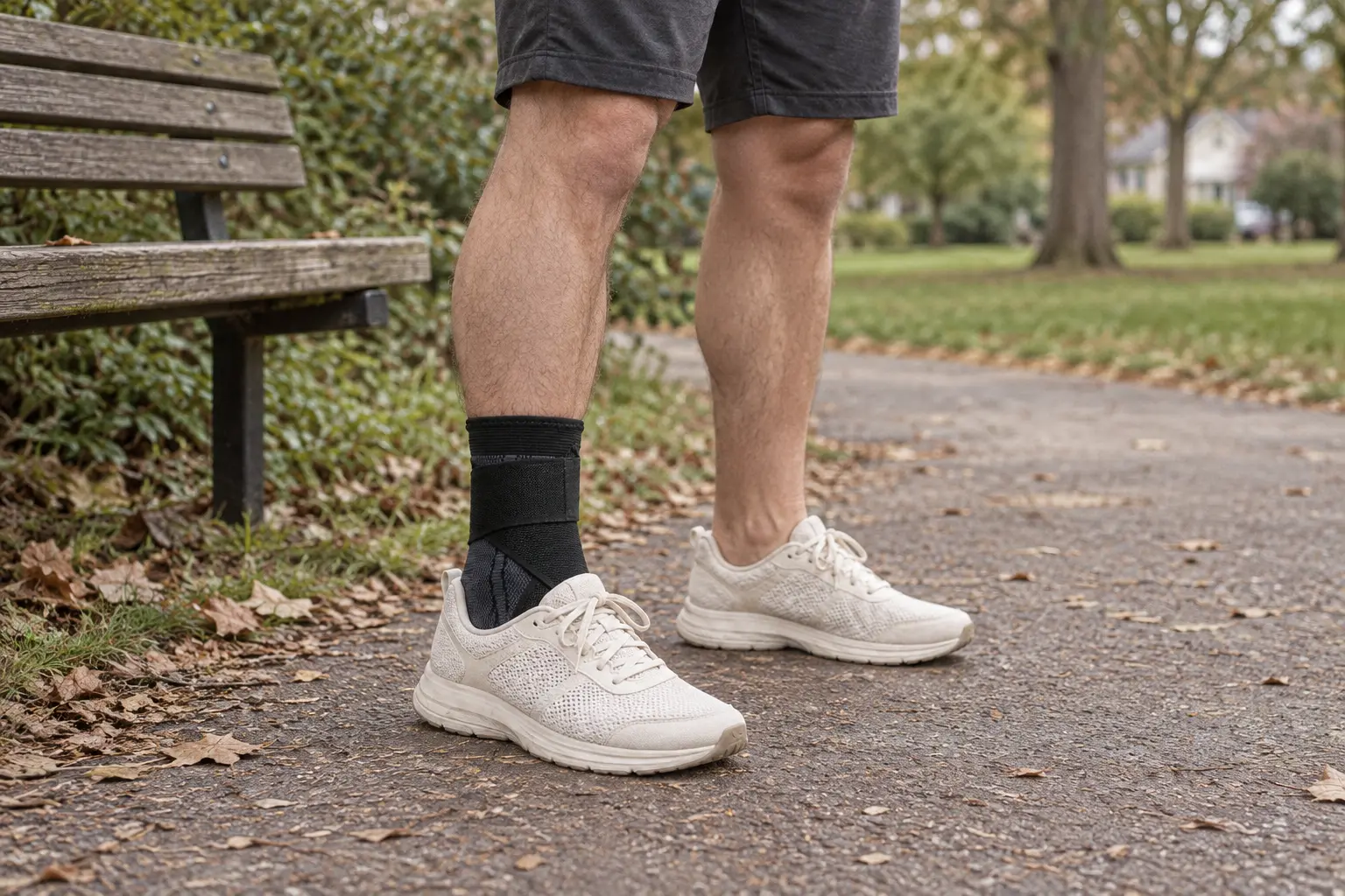 Person walking outdoors in white shoes while wearing black closed-heel KnitPair sleeves.